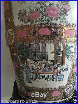 Large Beautiful Antique Chinese Hand Paint Gold Handle Porcelain Vase 36 H
