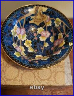Large Blue Cloisonne 8 Bowl and Stand with Original Box, Vintage