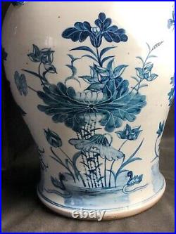 Large C19th Chinese Blue & White Hand Painted Temple Jar Fo Dog Lid & Carry Lugs
