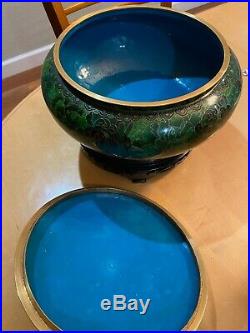 Large CHINESE CLOISONNE BOWL and 2 vases Green Leaf pattern