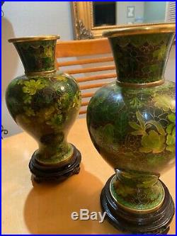 Large CHINESE CLOISONNE BOWL and 2 vases Green Leaf pattern