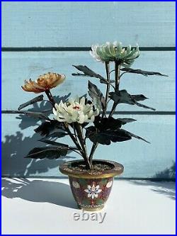 Large CHINESE Cloissonne Enamel Pot Chrysanthemum Jade Flower Blossom 16 Tall