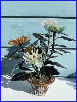 Large CHINESE Cloissonne Enamel Pot Chrysanthemum Jade Flower Blossom 16 Tall