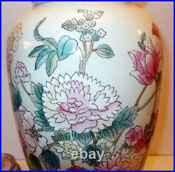 Large CHINESE PORCELAIN Ceramic VASE as LAMP PEONIES Flowers Enamel Hand Ptd