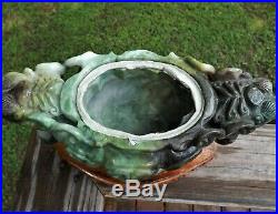 Large Carved Apple Jade Jadeite Chinese Censer Incense 6 Rings with Dragon &Stand