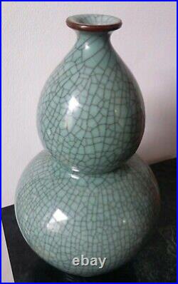 Large Celadon Crackle Glaze Double Gourd Vase Asian Hand Signed Quality Handmade