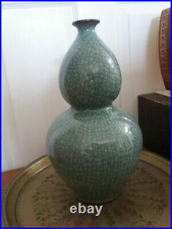 Large Celadon Crackle Glaze Double Gourd Vase Asian Hand Signed Quality Handmade