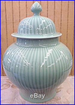Large Celadon Glazed Bamboo Design Chinese Porcelain Ginger Jar Vase 15h x 12w