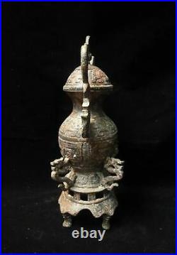 Large Chinese Antique Bronze Dragons Carving Ritual Vessel and Cover