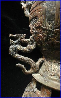 Large Chinese Antique Bronze Dragons Carving Ritual Vessel and Cover