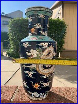 Large Chinese Antique Qing Dynasty Blue Famille Rose Porcelain Dragon Vase
