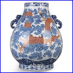Large Chinese Antique Red with Blue and White Porcelain Dragon Pattern Vase