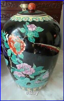 Large Chinese Antique porcelain Ginger Jar With Lid 16 Tall Peacocks flowers