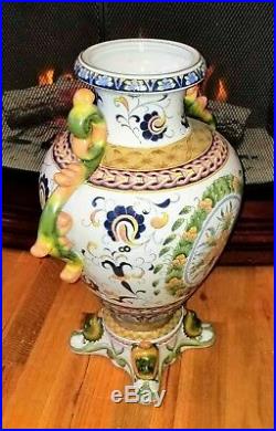Large Chinese Asian Floral Urn Vase with Handles Lions Head Feet 21