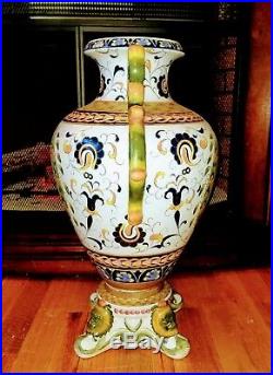 Large Chinese Asian Floral Urn Vase with Handles Lions Head Feet 21