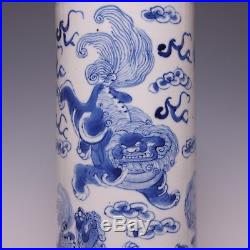 Large Chinese B&W beaker vase, 19th ct. Kylins, marked Kangxi. 31,2 cm