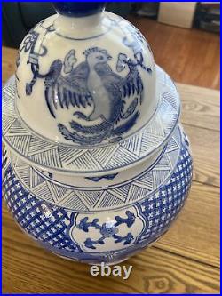 Large Chinese Blue & White Figural Decorated Lidded Porcelain Urns 20th C