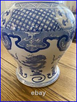 Large Chinese Blue & White Figural Decorated Lidded Porcelain Urns 20th C