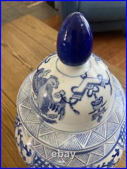 Large Chinese Blue & White Figural Decorated Lidded Porcelain Urns 20th C