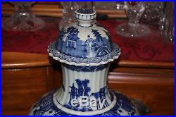 Large Chinese Blue & White Lidded Temple Urn Vase-Trees Houses Water River