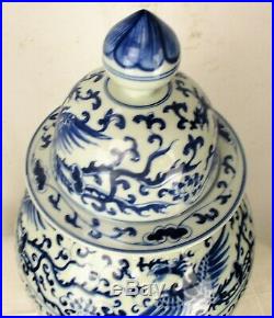 Large Chinese Blue White Porcelain Vase Dragon Birds Lidded 23.6