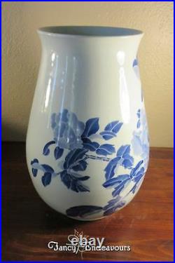 Large Chinese Blue and White Porcelain Calligraphy Vase with Flowers Unsigned