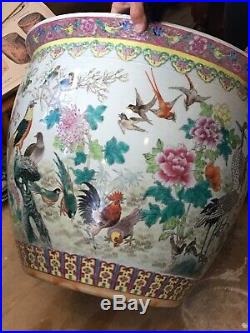 Large Chinese Carp Fish Bowl Jardiniere Antique Painted With Birds And Flowers
