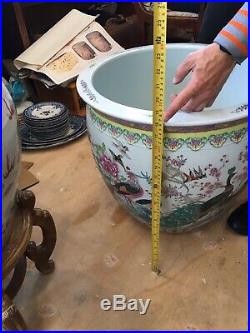Large Chinese Carp Fish Bowl Jardiniere Antique Painted With Birds And Flowers