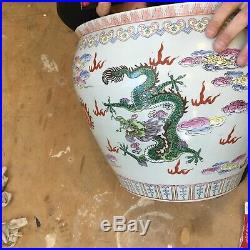 Large Chinese Carp Fish Bowl Painted Dragons On Antique Wooden Stand Stamped