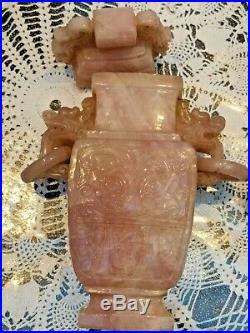 Large Chinese Carved Roze Quartz Censor Vase&cover With Wooden Stand