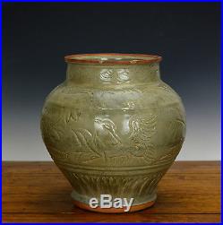 Large Chinese Celadon Longquan Glaze Phoenix Floral Body Porcelain Vase