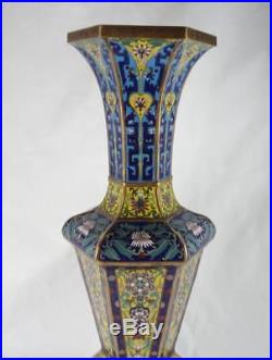 Large Chinese Cloisonné Copper Vase Hex Shaped, Flared Rims 20th c. 23.7 Tall