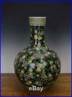 Large Chinese Famille Noire Butterfly Black Glazed Globular Porcelain Vase