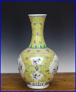 Large Chinese Famille Rose Painted Yellow Ground Porcelain Vase