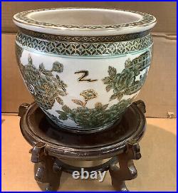 Large Chinese/Fish Bowl Heavy Vase With Stand
