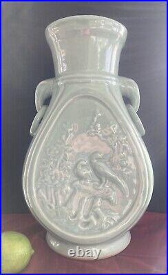 Large Chinese Green Celadon Vase With Trunk Ring Handles 14.5 High MARKED