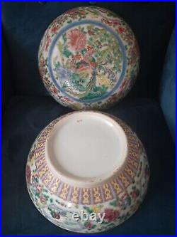 Large Chinese Marked Famille Rose Birds & Flowers Pattern Circular Lidded