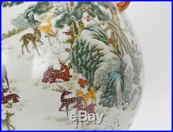 Large Chinese Marked Famille Rose Fencai 100 Deer Hu Form Porcelain Vase TOP