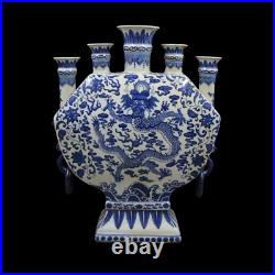 Large Chinese Moonflask Tulipiere Crocus BLUE-WHITE 5 Necks Qing Dynasty Vase