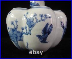 Large Chinese Old Blue and White Five Tubes Lotus Porcelain Vase KangXi Mark