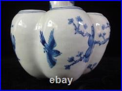 Large Chinese Old Blue and White Five Tubes Lotus Porcelain Vase KangXi Mark