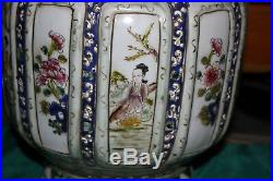 Large Chinese Painted Porcelain Pottery Vase-Women Flowers-Handles-Signed Bottom