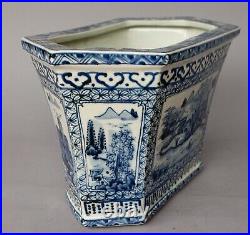 Large Chinese Qing Dynasty 9 Blue White 6 sided Antique Vase Jardiniere Planter