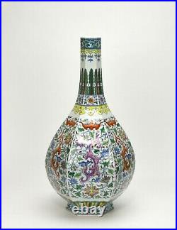 Large Chinese Qing Yongzheng MK Doucai Dragon 6 Side Tall Neck Porcelain Vase