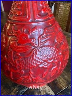 Large Chinese Red Glazed Vase Embossed with Dragons 39cms