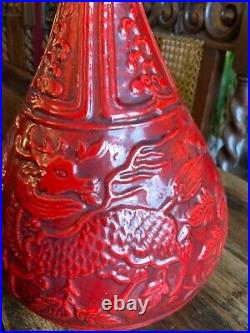 Large Chinese Red Glazed Vase Embossed with Dragons 39cms