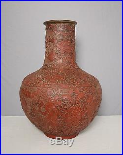 Large Chinese Red Lacquer Wear Ball Vase With Mark M1629