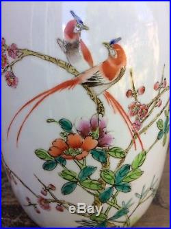 Large Chinese Republic period VASE Birds, Floral & Calligraphy decor