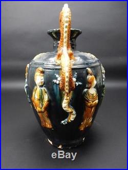 Large Chinese Sancai Drip Glazed Vase Dragon Handles 16 inches