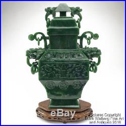 Large Chinese Spinach Jade Covered Vase with Silver Inlaid Wood Stand, 20th C